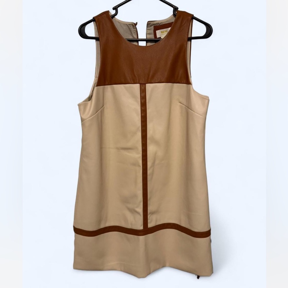 Maeve by Anthropologie faux leather brown and tan color block mini dress